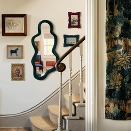 TEIPAI 13.8x29.7 Big Decorative Mirror for Girly Bedroom Dresser Decor, Abstract Wavy Wall Mirrors for Home Book Coffee Shop Hotel Decoration, Unique Gift for Birthday Thanksgiving (Dark Green)