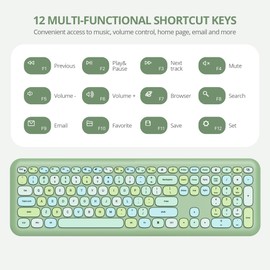 SbocKeeb Wireless Typewriter Keyboard and Mouse Combo Retro 104 Key Full Size Office Set Green Keyboard with Silent Round Keycaps, Ideal for Laptop and Desktop PCs, Cute esign Keyboard.(Green)