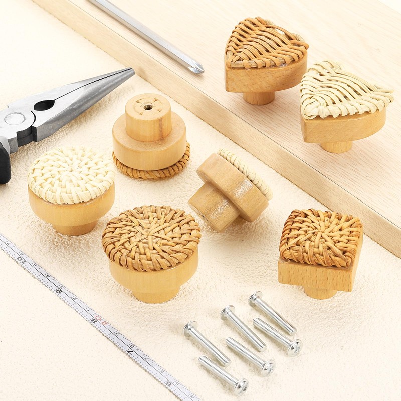 sourcing map 6 Pack Rattan Dresser Knobs, 1.26" Handmade Wicker