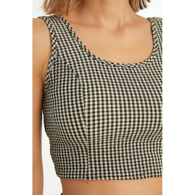TRENDYOL Women's Plaid Gofre Woven Grain Blouse, black