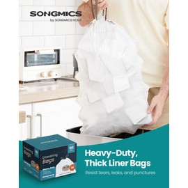 SONGMICS Trash Bags, 8-Gallon Heavy-Duty Garbage Bags with Drawstrings, 160 Count, Liner Code H, Quick-Dispense Box, Cream White UKRB031A04