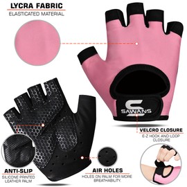 SAWANS Weight Lifting Gloves Gym Gloves Men & Women Workout Anti slip Breathable Ladies Gloves Training Silicon padded Grip palm Protection Exercise Fitness Hanging Pull-Ups Cycling (Pink, S)