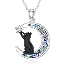 CHENGHONG Cat Necklace 925 Sterling Silver Black Cat Pendant Necklace for Girls Abalone Celtic Moon Animal Black Cat Jewellery for Women Children Christmas Gifts…