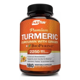 Turmeric Curcumin Ginger 2250mg (180 Cápsulas), Hecho en EE. UU., Sabor Neutro.