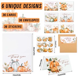 Bolsome 36Pack Fall Thank You Cards Watercolor Pumpkin Autumn Leaves Note Cards with Envelopes and Stickers Thanksgiving Blank Greeting Cards for Wedding Baby Shower Invitation Supplies