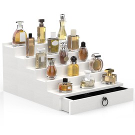 upcessory Cologne Organizer for Men, 5 Tier White Cologne Shelf, Perfume Stand with Drawer and Hidden Compartment Perfume Display Holder - A Gift for Men