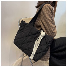 Boshiho Quilted Tote Bag for Women Nylon Puffy Bag Puffer Shoulder Bag with Zipper Causal Top Handle Handbag for Work School Shopping Travel(Black)