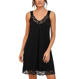 PrinStory Women's Sleepwear, Lace V-Neck Nightgowns for Women, Non-Slip Shoulder Straps, Underdresses, A01 Black