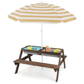 HONEY JOY Kids Picnic Table, 4 in 1 Cedar Wooden Sand & Water Table w/ 3 Removable Box & Umbrella, Kids Picnic Tables for Outdoors Backyard Garden, Toddler Patio Furniture Set for Boys Girls(Walnut)