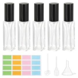 PATIKIL Travel Perfume Bottle, 5 Pcs 10ml Fine Mist Refillable Small Perfume Dispenser Sprayer with Labels Funnel Dropper Pipette for Perfume Liquid Essential Oil, Clear/Black