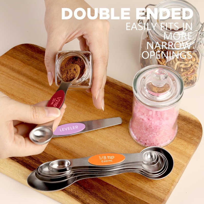ChefAide Pack of 8 Stainless Steel Magnetic Measuring Spoons Set,