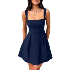 YMDUCH Women's Sexy Sleeveless Square Neck Adjustable Straps Bow Tie A-line Mini Party Club Dress Navy