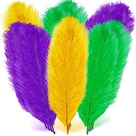 Mardi Gras Ostrich Feather 14"-16" Colorful Purple Yellow Green Feathers for Crafts DIY Party Decoration Carnival Costume (12 Pcs)
