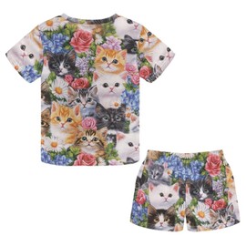 Showudesigns Cute Cat Kids Pyjamas Girls 11-12 Years Old Short Sleeve Nightwear Pjs Soft Breathable Pajamas Sets Two Piece Lounge Clothes with Pocket Grey