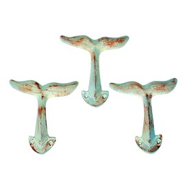 Wowser Rustic White Cast Iron Whale Tail Wall Hooks, 4 1/2 Inches, Set of 3