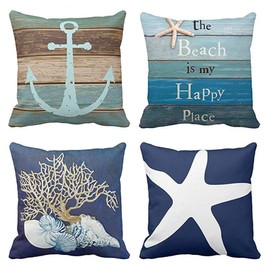 Emvency Set of 4 Throw Pillow Covers Nautical Coastal Beach and Blue Turquoise Anchor Weathered Wood Old Decorative Pillow Cases Home Decor Square 18x18 Inches Pillowcases