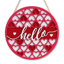 Ausril Valentine's Day Hello Sign,Valentines Welcome Decoration Door Hanger,Hello Heart Wreath,Pink Love Shape Decor,Red Heart Printed Wooden Hanging Sign for Party Sweet Home Wedding Indoor Outdoor