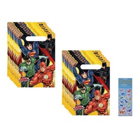 Unique Justice League Super Hero Birthday Party Supplies Bundle Pack includes Plastic Party Favor Loot Bags - 16 Count