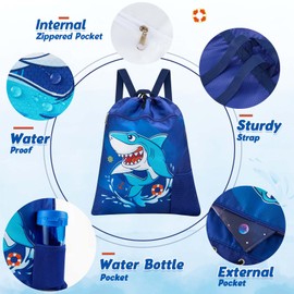 WAWSAM Gymnastics Backpack with Drawstring - 38 × 45 cm Sports Bag for Children Waterproof Swimming Beach Shopping Bag, Shark