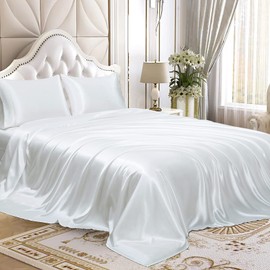 Homiest 4pcs Satin Sheets Set Luxury Silky Satin Bedding Set with Deep Pocket, 1 Fitted Sheet + 1 Flat Sheet + 2 Pillowcases (Queen Size, White)