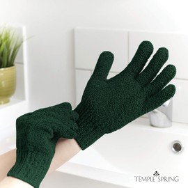 Temple Spring Exfoliating Gloves - Bamboo Bath/Shower Gloves, Bath Gloves for Shower Exfoliating and Ingrown Hair/Dead Skin Remover - Exfoliator Mitt Scrub Gloves - Forest Green