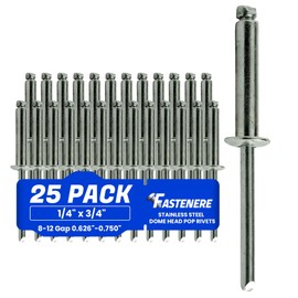 Fastenere Pop Rivets - 1/4" x 3/4" (25pcs) Heavy Duty, Open-End, Stainless Steel, Dome-Head Blind Rivets, Corrosion-Resistant, High Tensile & Shear Strength, 8-12 Gap 0.626"-0.750"