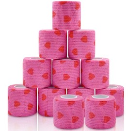 12 Roll 2 Inch x 5 Yards Heart Print Pet Vet Wrap for Dogs Cats, Cohesive Bandages in Bulk, Pink Non-Woven Self Adhesive Bandage Wrap Rolls for Pet Animals Wound Care, Ankle Sprain and Swelling