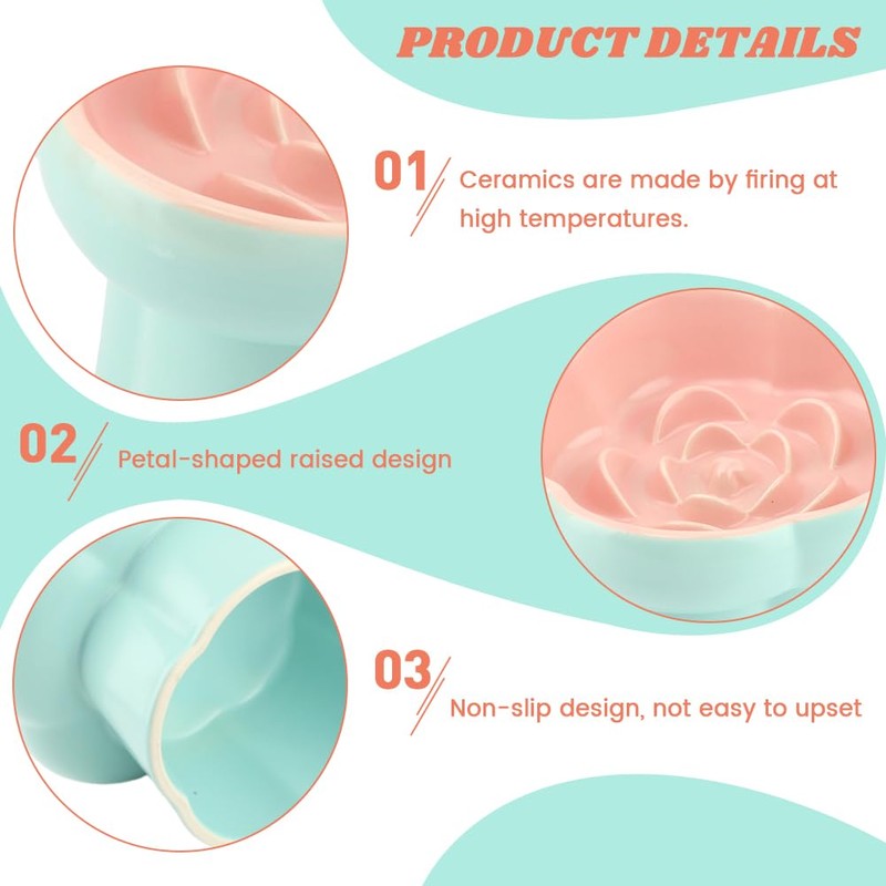 Meirivrn Ceramic Elevated Slow Feeder Cat Bowl, Tilted Flower-Shaped Cat