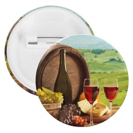 Red Wine Bottle Glasses Bread with Wooden Barrel Green Landscape 5 PCs Round Brooch Pin, Unisex Smooth Surface Lapel Tie Pin, Tin Plate Badge Jewelry Crafts Decor for Costume Accessory Men Women