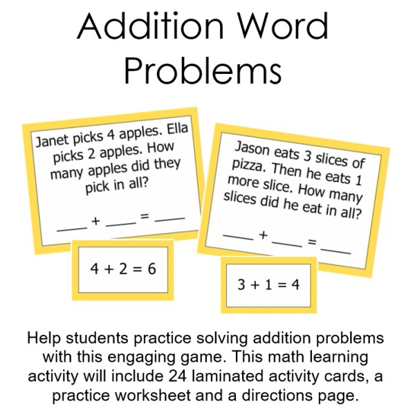 Unbranded Addition Word Problems Math Resource Homeschool Activity Game Kindergarten
