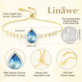 Linawe Blue Crystal Aquamarine Imitation Diamond Gold Charm Bracelets for Women, Rhinestone Birthstone Cubic Zirconia Chain Bracelet Set, Prom Costume Preppy Wedding Bridal Jewelry
