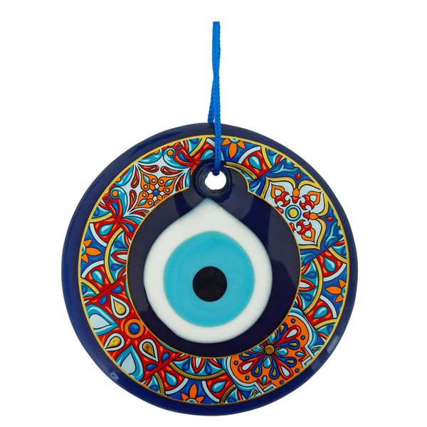 Erbulus 4.3" Glass Blue Evil Eye Wall Hanging Colorful Floral Design Ornament - Turkish Nazar Bead - Home Protection Charm - Wall Art Amulet in a Box