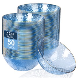 Rubtlamp 50 Pack Clear Blue Disposable Bowls, Clear Plastic Bowls with Gold Rim, 12-16oz Premium Heavy Duty Plastic Dinner Bowls for Party, Wedding and Holiday