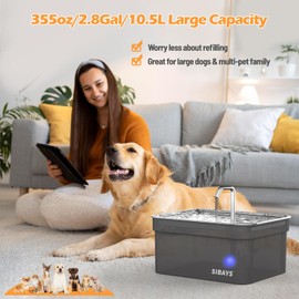 SIBAYS Dog Water Fountain for Large Dogs, 355oz/2.8Gal/10.5L Automatic Dog and Cat Water Fountain, Large Pet Fountain with Stainless Steel Bowl, Dog Water Bowl Dispenser Easy to Clean, BPA-Free FS70