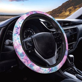 Buyidec Pastel Blue Pink Tie Dye Steering Wheel Covers Anti Slip Elasticity Car Accessories Steering Wheel Protector Universal 15 Inch for Cars SUV Vehicle Truck