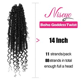 NISEYO Goddess Passion Twist Crochet Hair with Curly Ends 14 Inch, 8 Packs Boho Style Crochet Passion Twist Hair Pre looped, Short Pre-twisted Boho Braids(2#,Off Black)