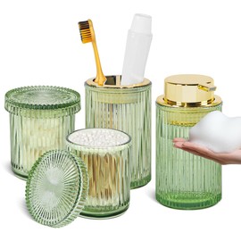 Green Glass Bathroom Accessories Set, 4pcs Bathroom Accessory Set, Foaming Soap Dispenser,Toothbrush Holder and 2pcs Qtip Holder with Lid, Bathroom Modern Ribbed Jars Organizer for Decor