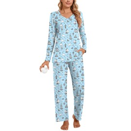 POPYOUNG Womens Fall-Winter 2 Piece Pajama Sets Long sleeve V-neck Tunic Tops with Comfy Pants Lounge Sleepwear Ladies Pjs Sets with Pockets 2XL, Blue white sailboats