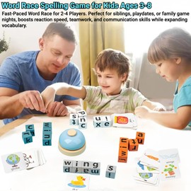 Word Race Lettering Game for Kids 3-8 Years | 64 Flashcards & 20 Wooden Alphabet Blocks | Multiplayer Learning Toy with Bells Safe Letter Assignment Game for Preschool Children
