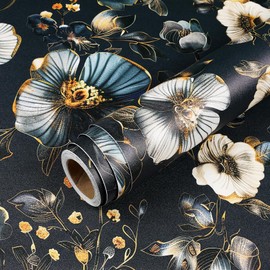 Livelynine 17.5x276" Dark Blue Floral Peel and Stick Wallpaper Vinyl Floral Wall Art Elegant Wallpaper Gold Accents Vintage Flower Butterfly Removable Loyal Navy Blue and Gold Contact Paper Waterproof