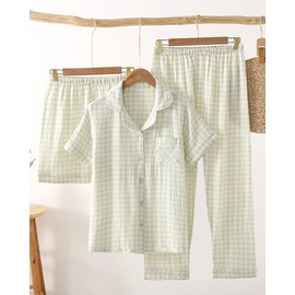 codcm Womens Cotton Pajama Sets Plaid Short Sleeve Button Down Sleepwear Ankle Pants 3 Piece Gingham Pj Set(Green Plaid,Medium)