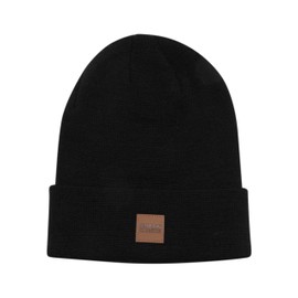 Urban Classics Leather Patch Long Beanie, Unisex Knitted Beanie for Men and Women in Many Colours, One Size, black, Einheitsgröße