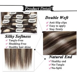 S-noilite Clip in Hair Extensions Human Hair Balayage Thick True Double Weft 100% Real Human Hair Full Head 8 Pieces 18 Clips Straight Silky (14 Inch - 120g,Medium Brown/Bleach Blonde (#04/613))
