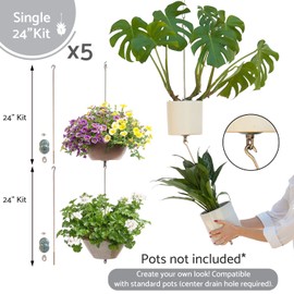 SkyPots - 24-inch Pot Hangers (5 Kits) + Grow Chains (2 Sets) - Hang and Connect Large Clay Pots w/Drainage for Healthy Plants, Hanging Planter Vertical Garden, Indoor/Outdoor, Stainless Steel