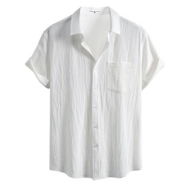 SIR7 Mens Summer Short Sleeve Cotton Linen Shirts Casual Button Down Shirts Beach Vacation Wedding Tops White X-Large