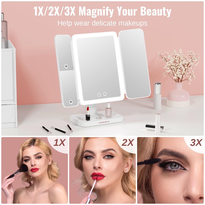 EASEHOLD Vanity Mirror with Lights, 2X 3X Magnification, Trifold, Rechargable,
