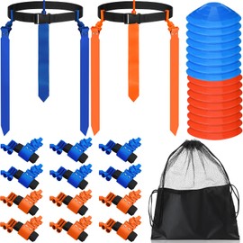Wettarn 16 Player Flag Football Belts Adjustable Football Set with 48 Flags 16 Cones and 1 Bag for Youth Adults Kids Training(Blue, Orange)