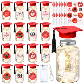 Boao 16 Sets Graduation Table Decoration Set with LED Light up Graduation Decorations for Class of 2025, Graduation Jar, Felt Graduation Hat and Stickers for High School College Graduation(Red)