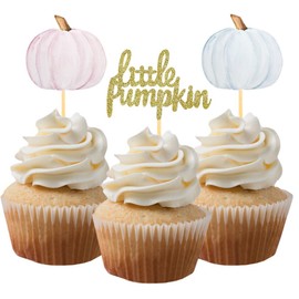 Little Pumpkin Cupcake Toppers, Thanksgiving Birthday Baby Shower Fall Theme Party Decorations Gender Reveal Supplies - Set of 24 (pink and blue)