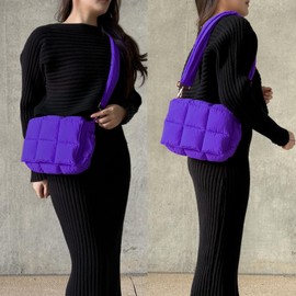 NAARIIAN Puffer Shoulder Bag Puffy Crossbody Purse Cotton Padded Quilted Handbag Designer Dupes Women Hobo Tote Bag, Purple, Large